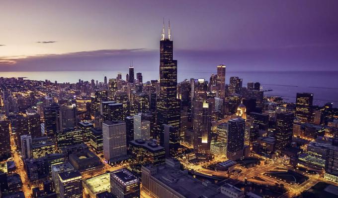 arial shot of Chicago skyscrapers at sundown