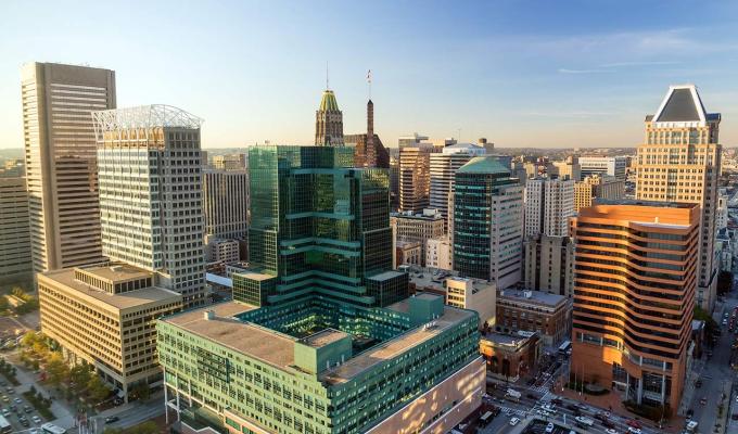 arial shot of Baltimore cityscape